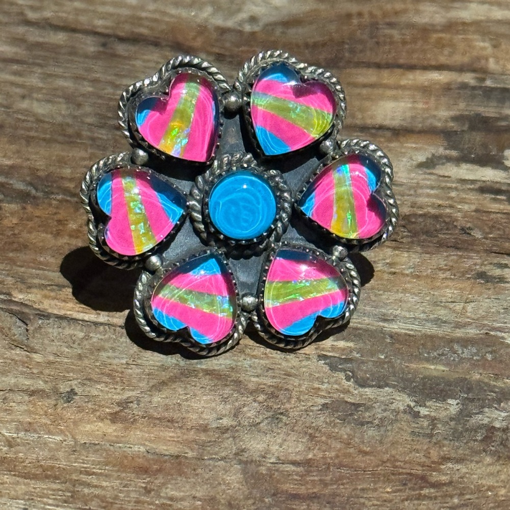 Southwestern Colorful Opal Inlay Heart Sterling Silver Adjustable Flower Ring